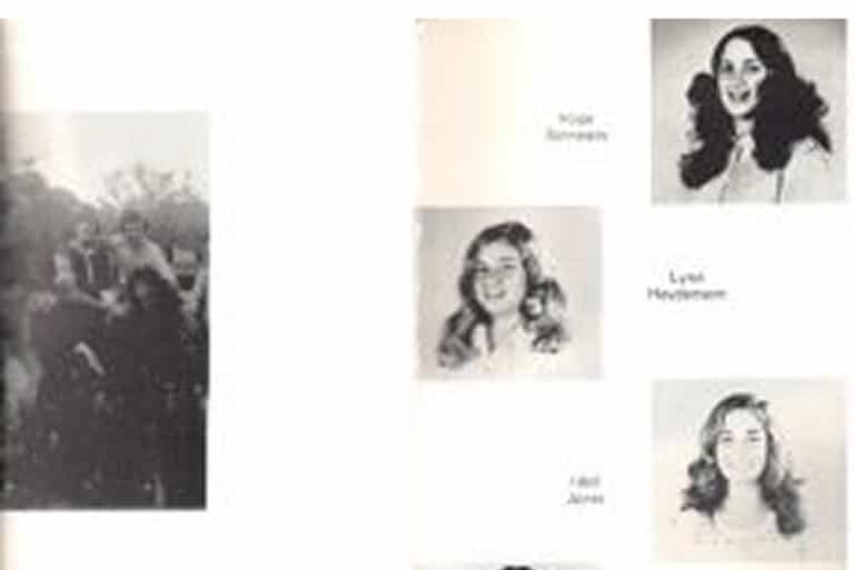 Yearbook page with black-and-white portraits of four women on the right and a group photo on the left.