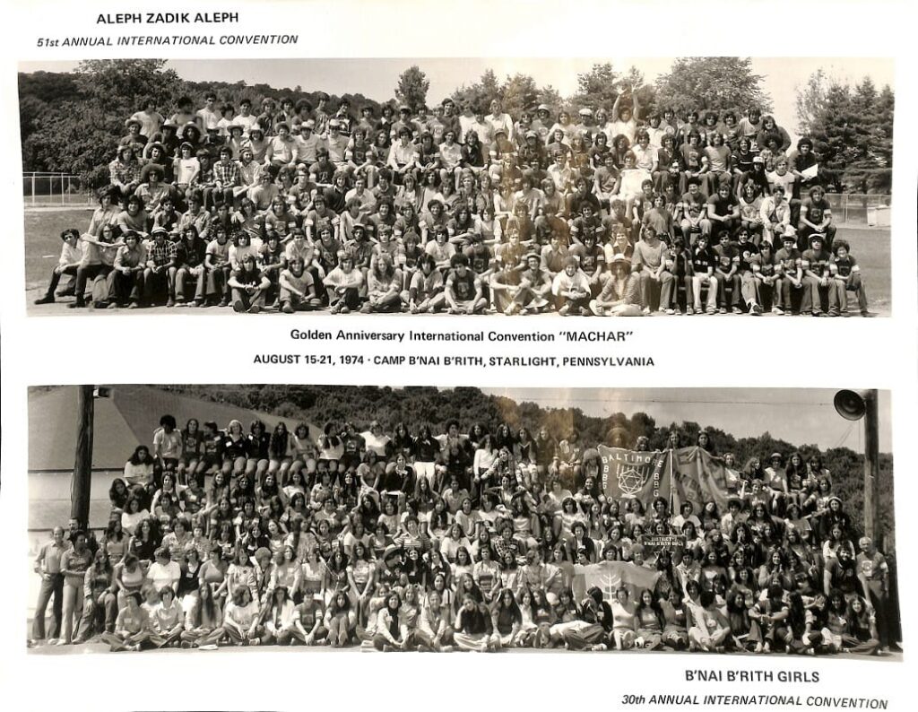 Two large groups of teens pose outdoors for group photos at summer camp in 1974, one boys’ and one girls’ group.