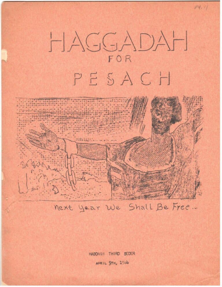 Illustrated cover of a Haggadah for Pesach with a chained figure and the words “Next year we shall be free...”.