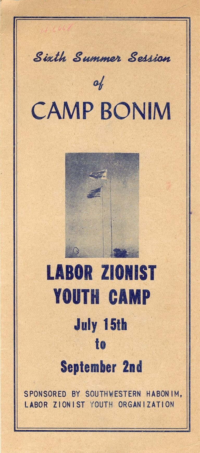Tan flyer for Camp Bonim Labor Zionist Youth Camp, July 15 - September 2, with flag photo in the center.