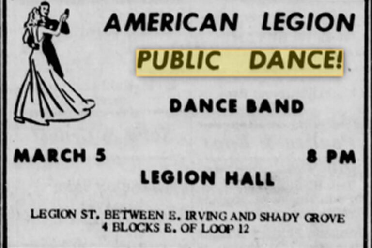 Black and white flyer for an American Legion public dance, March 5, 8 PM at Legion Hall, featuring a dance band.