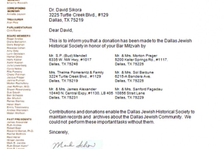 Typed letter to Dr. David Sikora about a donation made to Dallas Jewish Historical Society for his Bar Mitzvah.