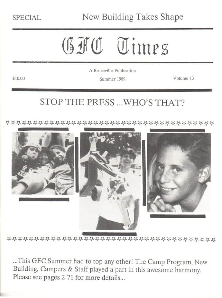 Black and white newsletter cover with candid camp photos, a smiling child, and the headline “STOP THE PRESS ... WHO’S THAT?”.