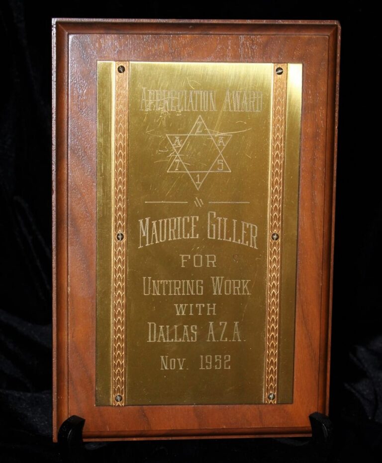 Wooden appreciation plaque for Maurice Giller for work with Dallas A.Z.A., dated November 1932.