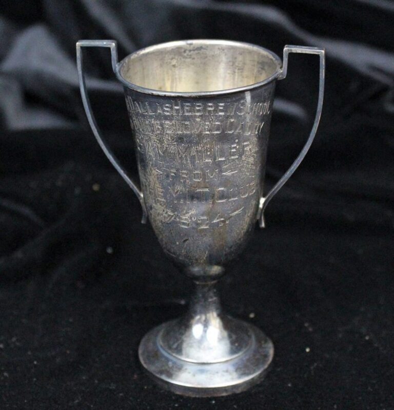 A tarnished silver trophy cup with two handles, shown against a black fabric background.