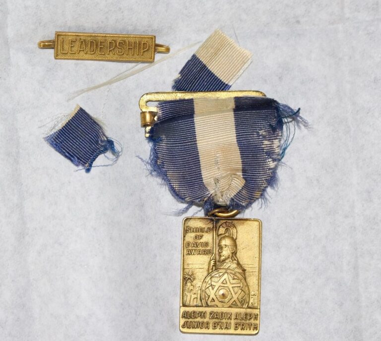 A torn blue and white ribbon with a gold medal, a “LEADERSHIP” pin, and two ribbon fragments on a white surface.