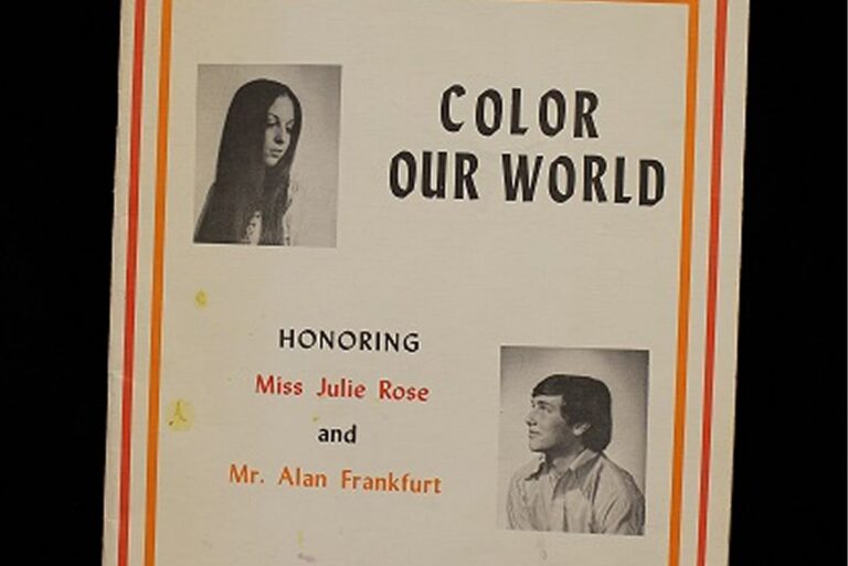 A program cover with photos of a woman and man, titled “Color Our World,” honoring Julie Rose and Alan Frankfurt.
