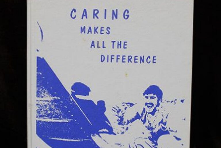 A book cover with blue text: “Caring makes all the difference,” and an image of people smiling outdoors.