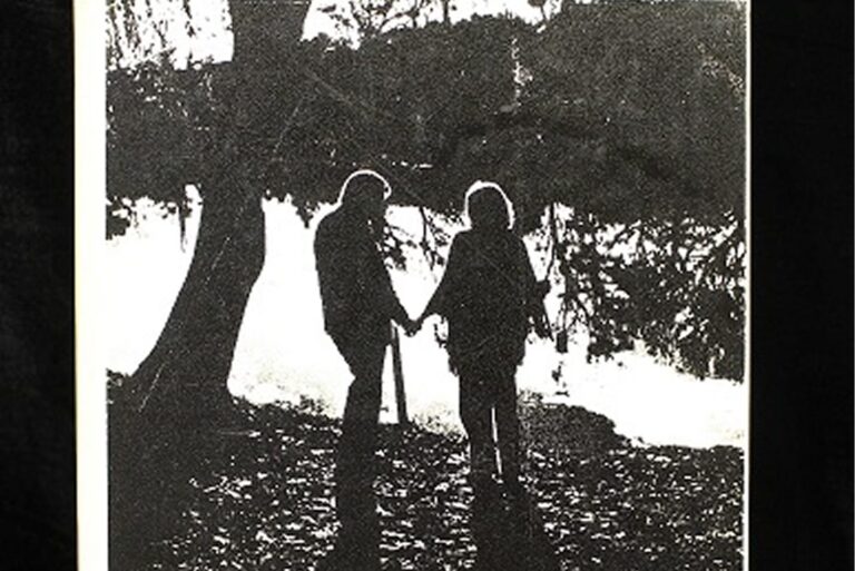 Two people holding hands stand by a lake, silhouetted against the water and surrounded by trees.