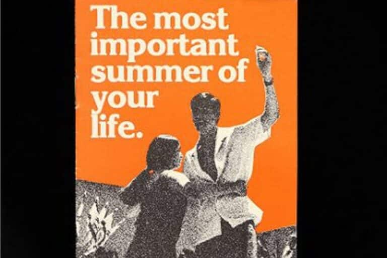 Two people wave against an orange background with white text saying, “The most important summer of your life.”.