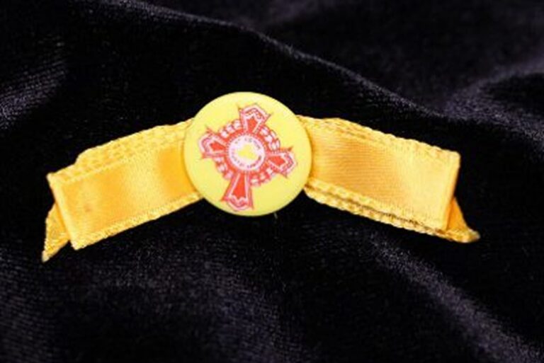 Yellow ribbon with a round badge featuring a red cross and white emblem, placed on a black velvet background.