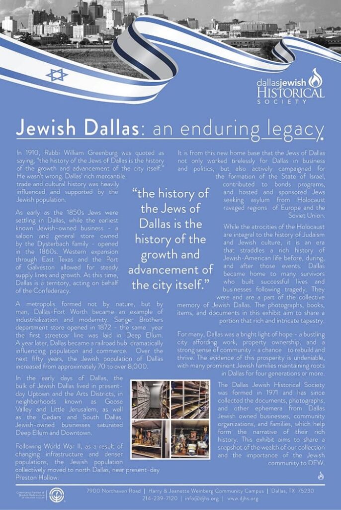 A poster titled “Jewish Dallas: an enduring legacy,” with historic photos and text about the city’s Jewish community.