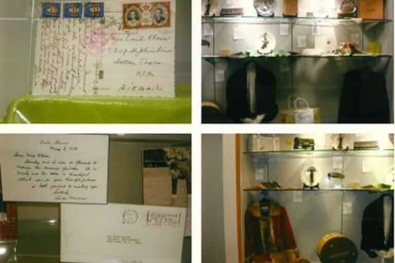Collage of postcards, letters, and glass display cases with historical artifacts and clothing in a museum setting.