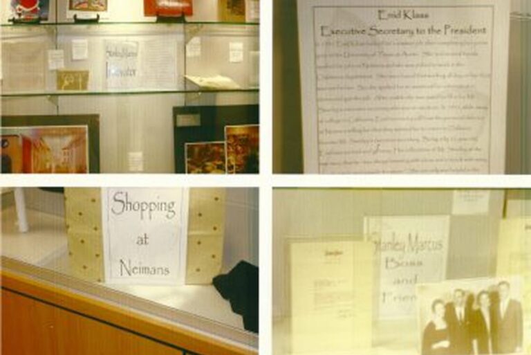 A display case with documents, signs, and photos, including “Shopping at Neimans” and a typed letter.