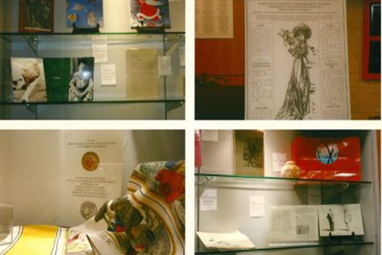 Four display cases with books, documents, textiles, and illustrations arranged in a museum or exhibition setting.