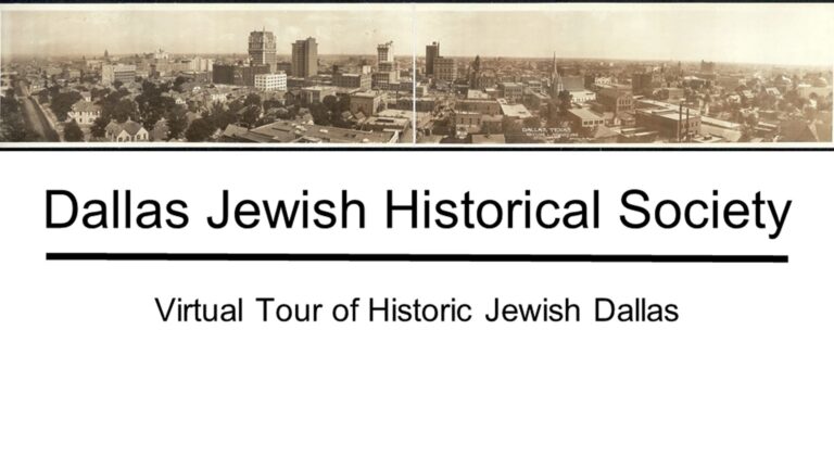 Sepia cityscape with the text: “Dallas Jewish Historical Society Virtual Tour of Historic Jewish Dallas.”.