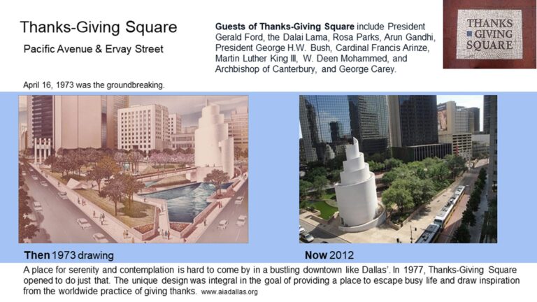 Historic 1973 drawing and 2012 photo of Thanks-Giving Square park in Dallas, Texas, with its distinctive white spiral chapel.