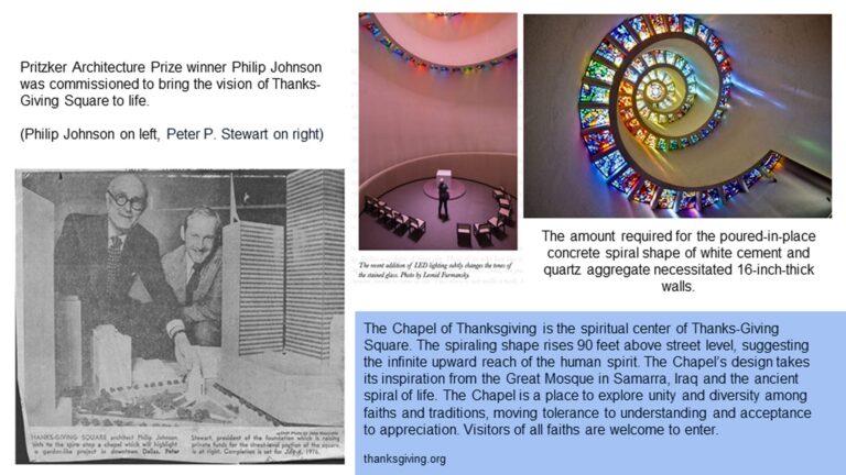 A collage shows a black-and-white photo, spiral staircase images with colored glass, and text explaining Thanksgiving Square.