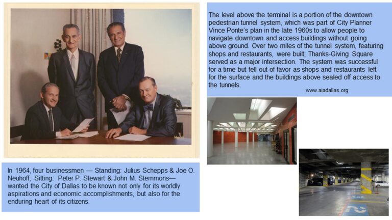 Four businessmen pose for a photo, a tunnel, and a mall corridor; text explains Dallas’ 1960s pedestrian tunnel system.