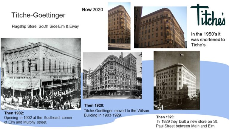 Collage showing historic Titch-Goettinger buildings in Dallas from 1902-1929, including Tiche’s sign in the 1950s.