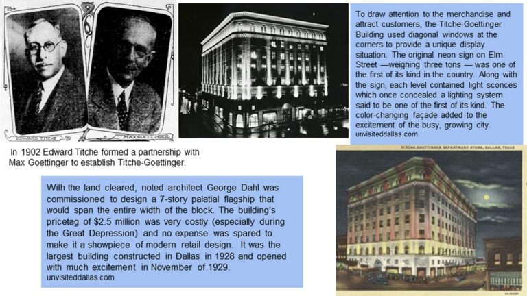 Black and white and color images of the Titche-Goettinger building, with text about its architecture and history.