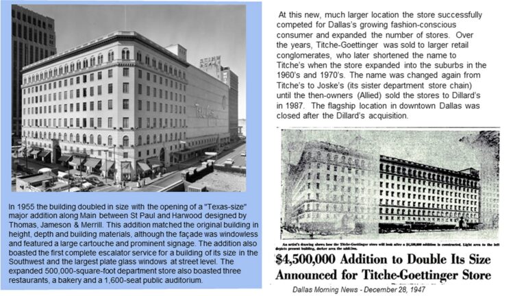 Historic photos and newspaper clippings about the Tiche-Goettinger store expansion in Dallas, including building images and text.