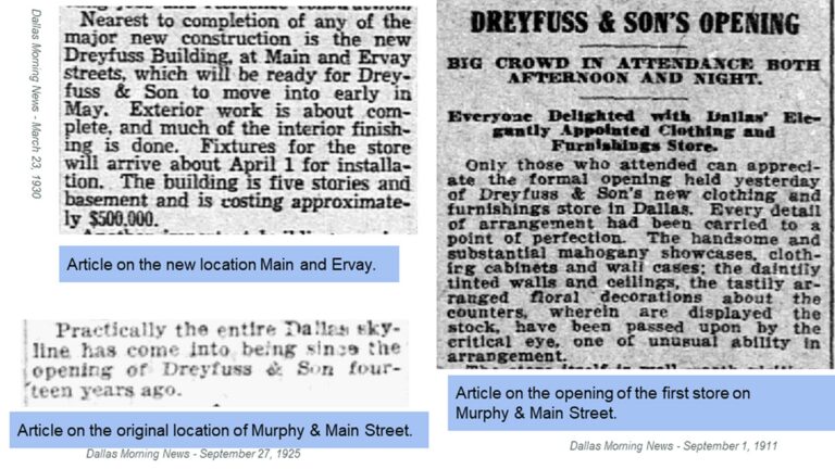Three newspaper clippings about Dreyfuss & Son’s store location openings and moves in Dallas from 1899, 1900, and 1911.
