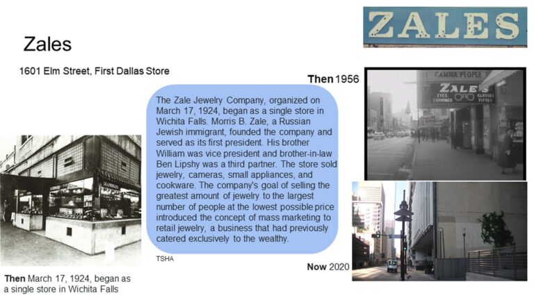 Collage of Zales store photos from 1924, 1956, and 2020, with a brief history in a blue text box.