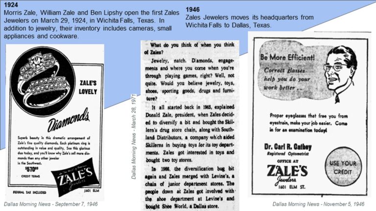 Three vintage Zales ads from 1946 with text, jewelry, and eyeglasses, plus brief company history from 1924 and 1946.