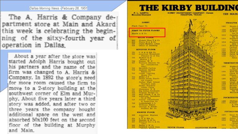 Newspaper clip and yellow flyer detail the history, floors, and tenants of the Kirby Building in Dallas, Texas.
