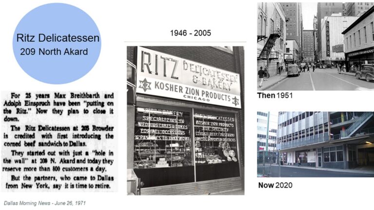 Collage of Ritz Delicatessen at 209 North Akard, with photos from 1951, 2005, and 2020, plus a brief history.