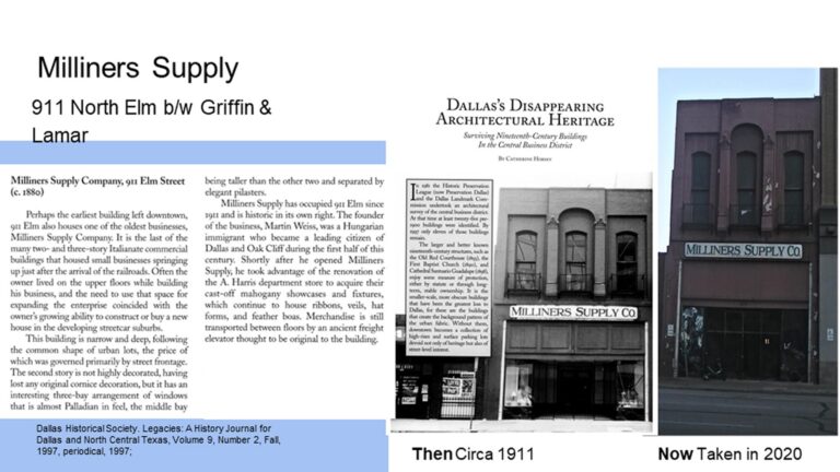 Milliners Supply storefront in 1911 and 2020; historical and modern photos with a brief history text on the left.