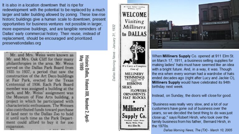 Collage of historical articles and images about Milliners’ Supply Co., with text detailing its history in Dallas.