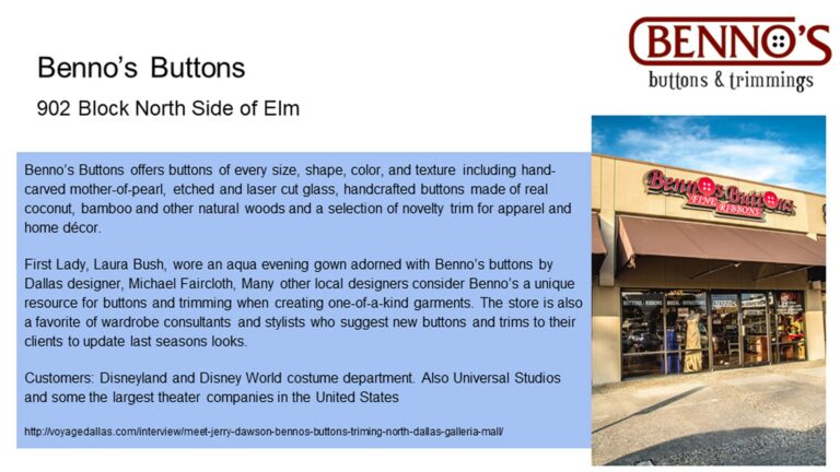 Storefront of Benno’s Buttons with its logo, and a text description of its products and history on the left side.