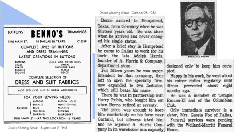 A vintage Benno’s ad and a newspaper article with a portrait of Benjamin Benno, founder of Harris & Company.