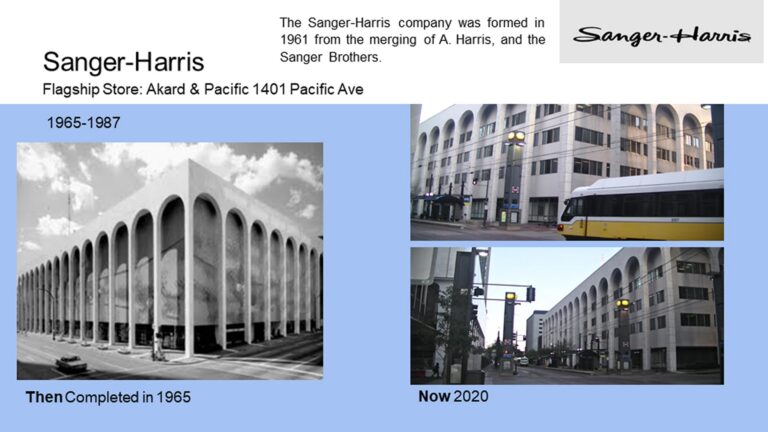 Three photos of the Sanger-Harris building in Dallas: as completed in 1965, and how it appears in 2020 from two angles.