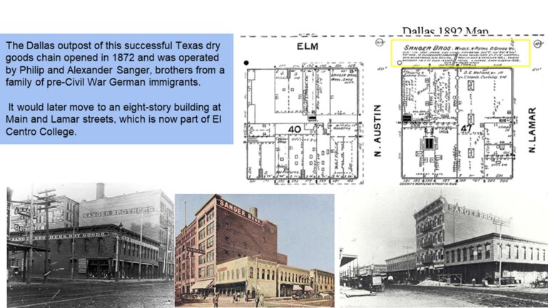 Historic images and maps of Downtown Dallas, highlighting Sanger Bros. dry goods store, with explanatory text overlay.