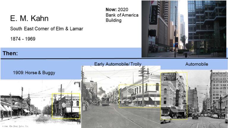 Timeline shows E. M. Kahn’s site from 1909 to 2020; features images of horse buggy, trolleys, autos, and a modern skyscraper.