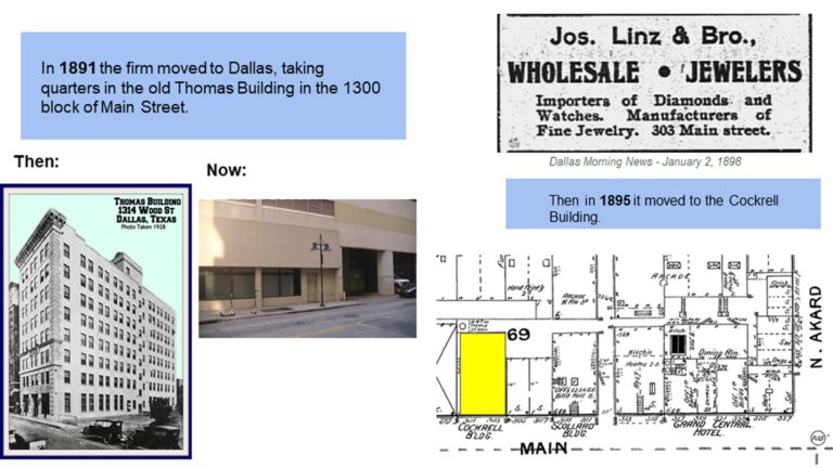 Historic images, text, and map show the past and present locations of Jos. Linz & Bro. in Dallas, Texas.