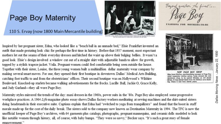 Vintage Page Boy Maternity store newspaper feature with photos, address, and article about maternity styles in Dallas, 1950s.