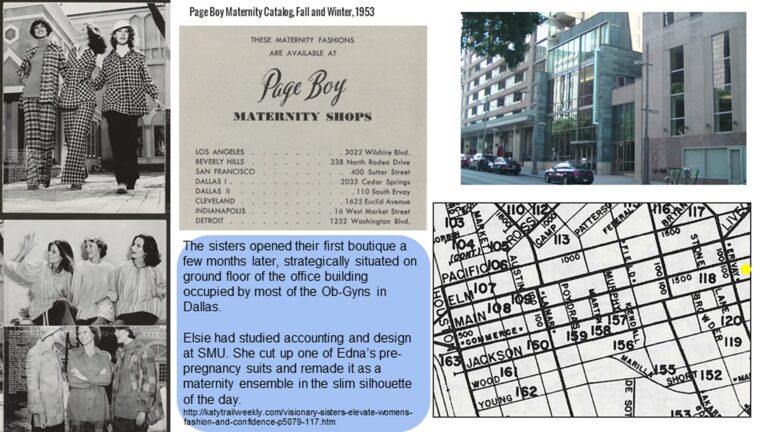 Black-and-white maternity ad, photos of women in vintage clothes, modern building, and a Dallas street map with text overlay.