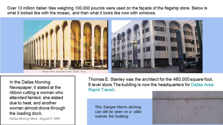 Collage showing the Sanger-Harris building facade before and after window addition, with historical notes and an etched pillar.