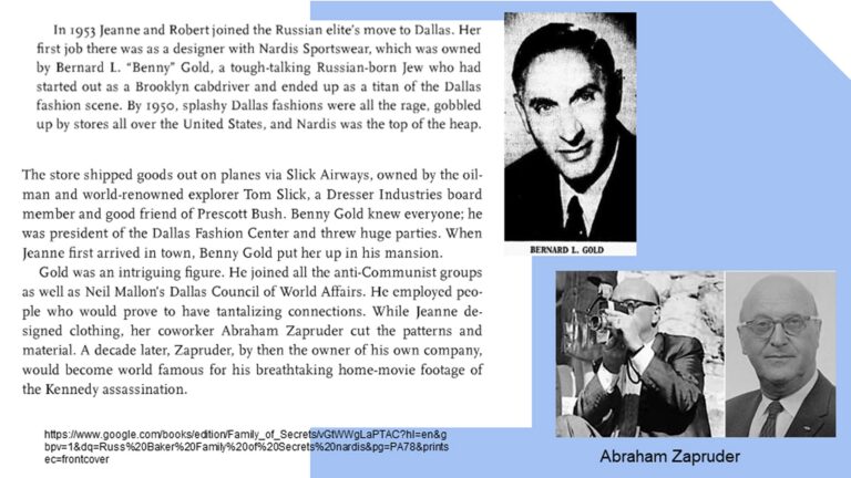 Collage with Bernard Gold, Abraham Zapruder, and text about their connection to the JFK assassination and related events.