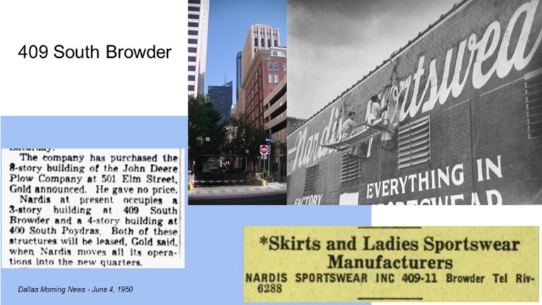 Collage of 409 S. Browder, Dallas, with old news clippings, street view, and historic store sign.
