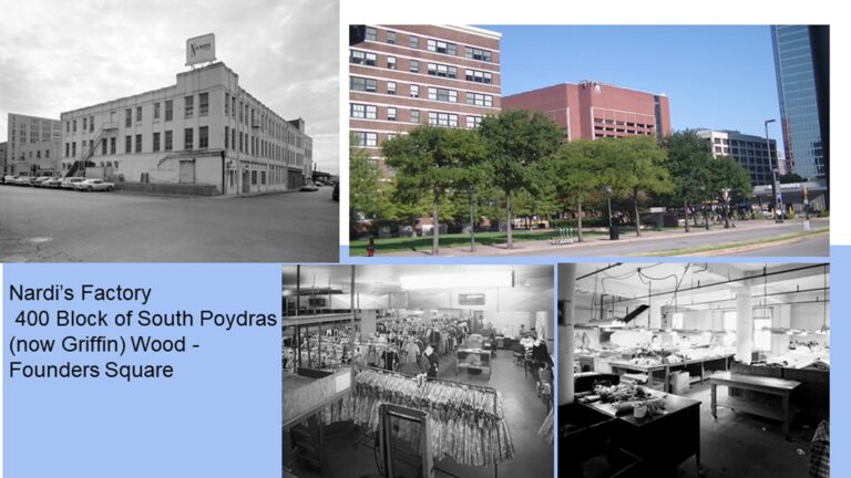 Collage of Nardi’s Factory exterior, Founders Square, and black-and-white photos of garment factory interiors.
