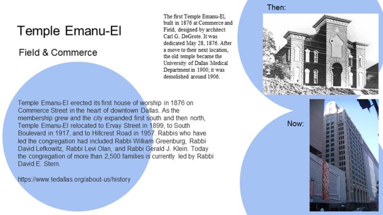 Temple Emanu-El history: old black-and-white photo, current color photo, blue circles with text about its founding and growth.