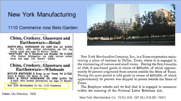 Old newspaper ad and court text about New York Merchandise Co., with modern Dallas building and trees in the background.