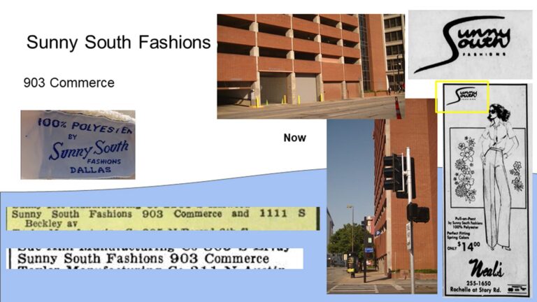 Collage of old and new photos, logos, addresses, and a garment tag for Sunny South Fashions in Dallas, Texas.