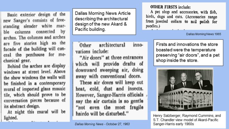 Collage of newspaper clippings and images about the Akard & Pacific building’s architectural innovations and its architects.