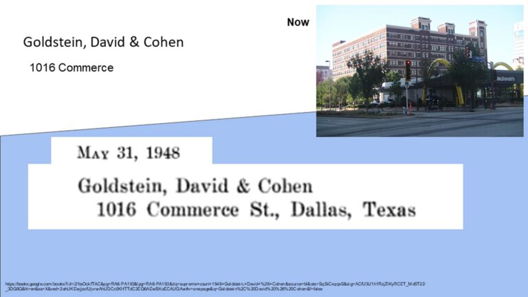 A cropped letterhead and an old address overlay a modern photo of a building at 1016 Commerce St, Dallas, Texas.